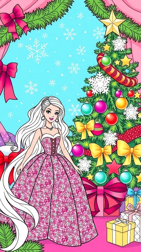 Barbie in a Christmas setting with decorations and a Christmas tree, designed for coloring.